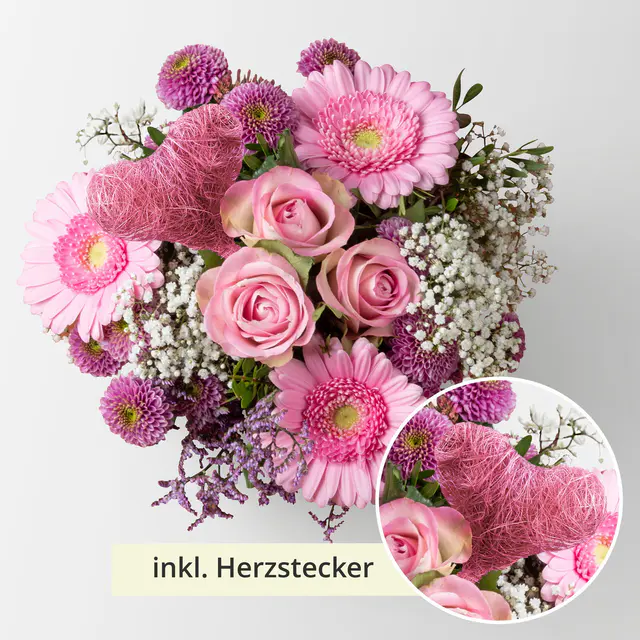 Blumenstrauß 'Pink Passion' inkl. Herz-Stecker, handgebunden, Größe M