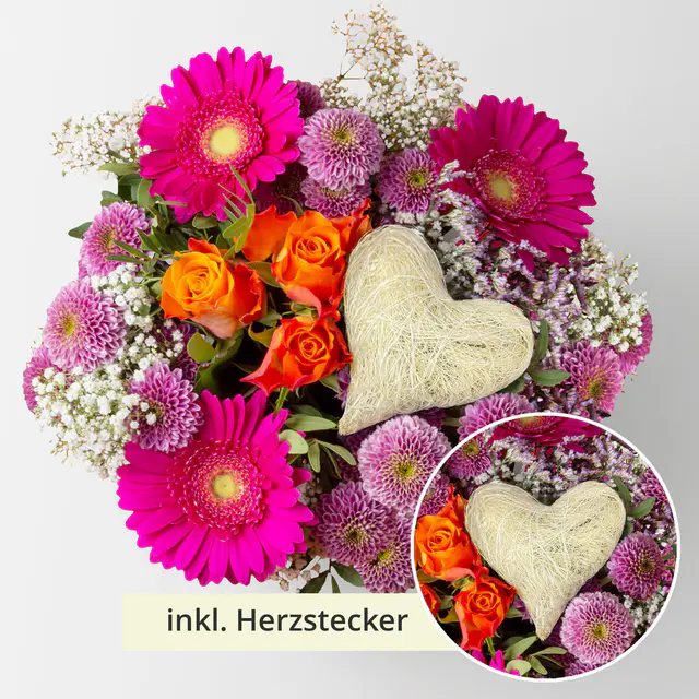 Blumenstrauß 'Orange meets Pink' inkl. Herzstecker natur, handgebunden, Größe M