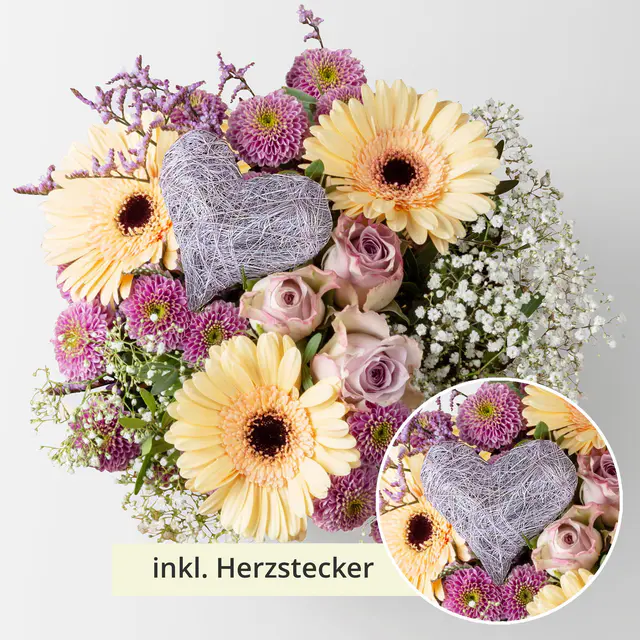 Blumenstrauß 'Apricot Attraction' inkl. Herzstecker lila, handgebunden, Größe M